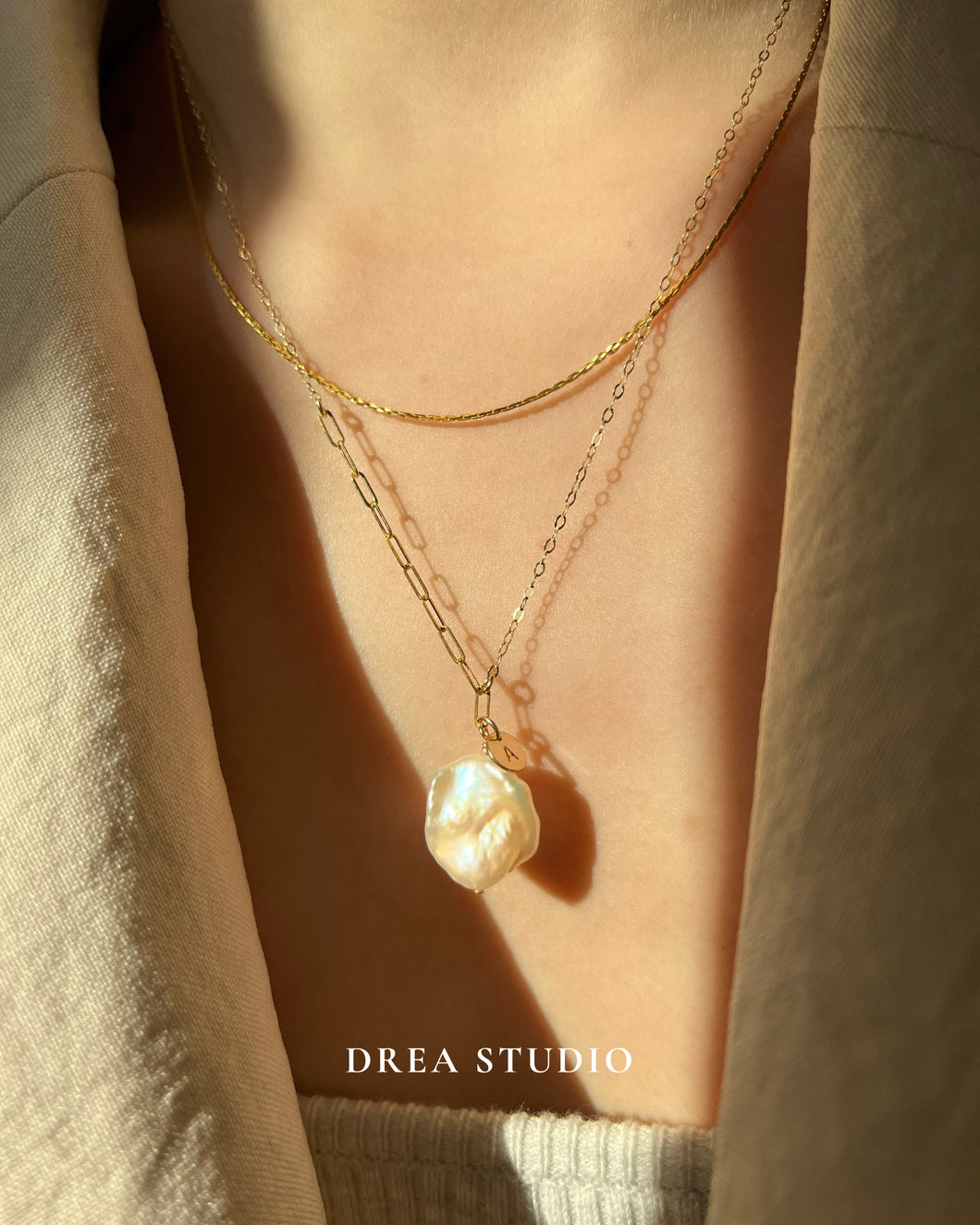 Mia 14K Gold Customize Initial Tag Baroque Pearl Necklace